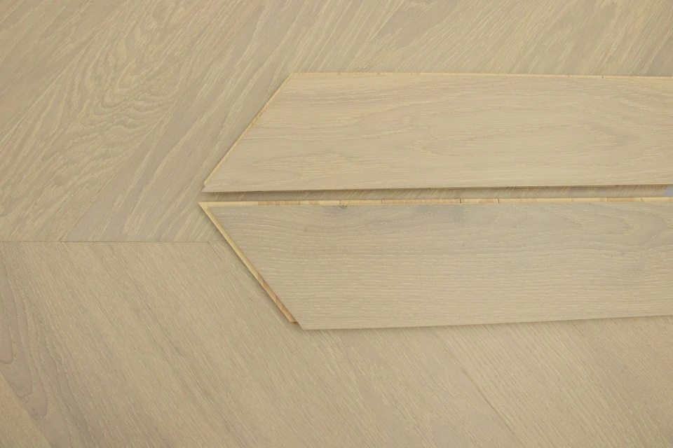 Prime Engineered Flooring Oak Chevron Snow White Brushed Wax Oiled 14/3mm By 90mm By 510mm 3 Prime Engineered Flooring Oak Chevron Snow White Brushed Wax Oiled 14/3mm By 90mm By 510mm - Image 3